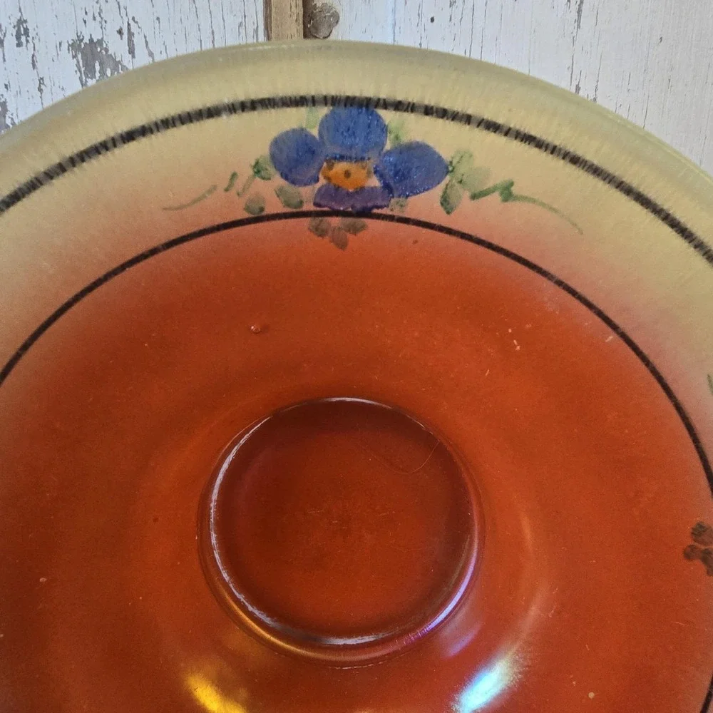 Lancaster Stretch Glass Ruby Lustre‎ Orange Blue Flowers Bowl Compote